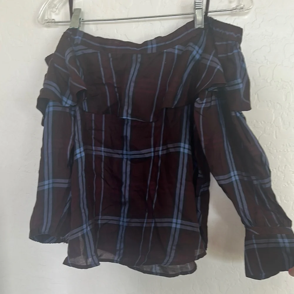Purple plaid ruffle off shoulder blouse XSP plum y2k‎ academia minimal chic
